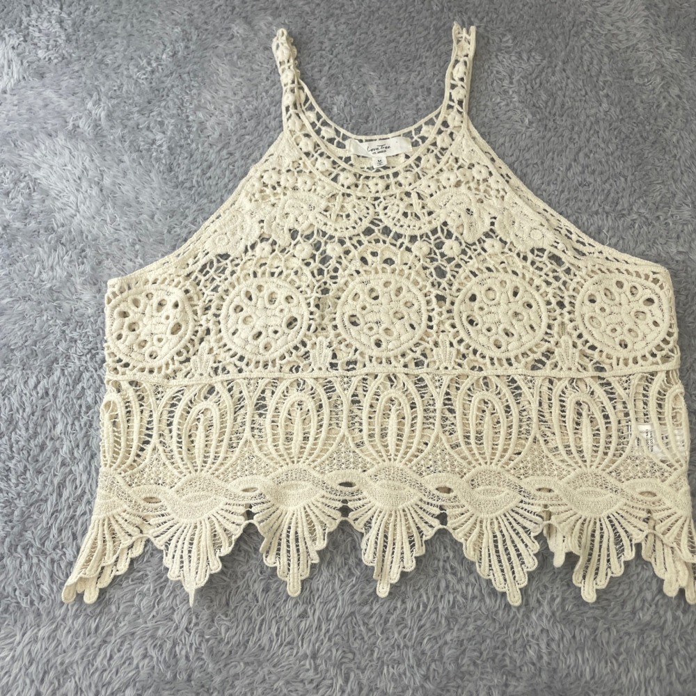 Love Tree Crochet Tank Top Womens M Ivory Boho Lace Cropped Coquette
